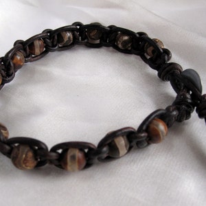 Unisex handmade shambala leather and striped agate bracelet