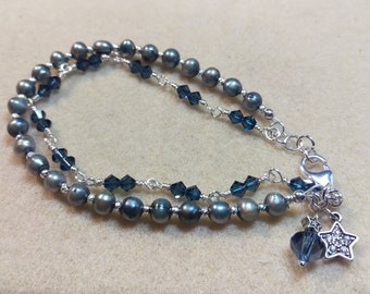 Two strand handmade dusty blue pearl and crystal beaded bracelet
