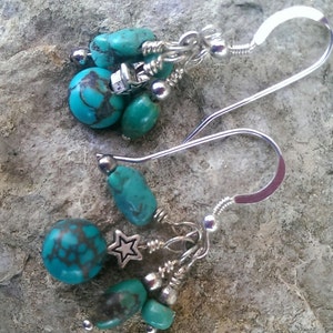 Handmade turquoise and silver cluster Southwestern flavor dangle earrings