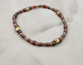Copper and brown green beaded stretch bracelet