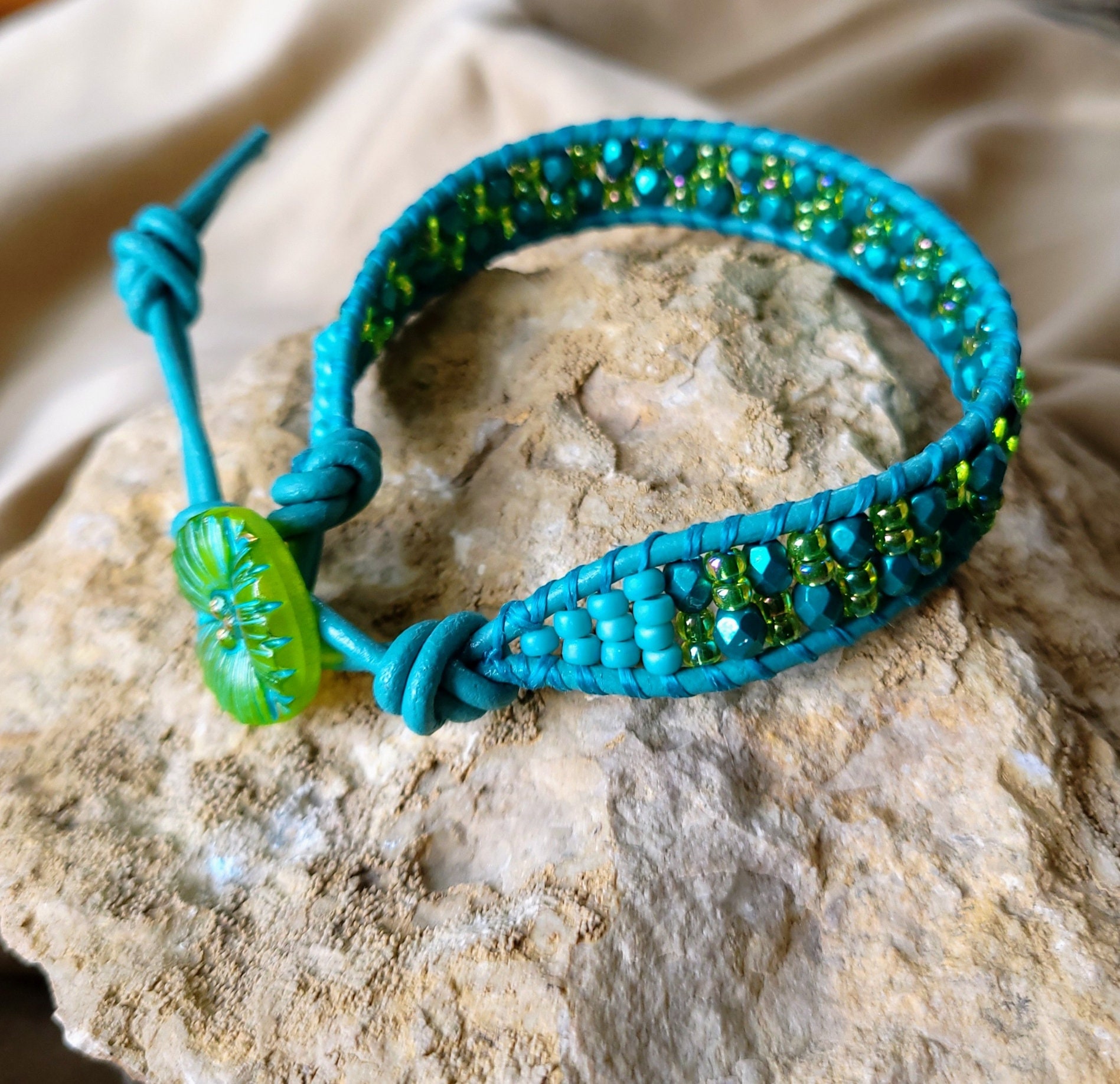 Green Leather and Turquoise Leather Wrap Bracelet Handmade