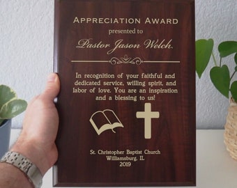 Pastor Appreciation Day Gift | Preacher Recognition Award from the Congregation to a Minister | Christian Youth Reverend Clergy Plaque