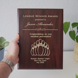 Bowling League Winner Award | Amateur Bowling Team Plaque | Personalized  Commemorative Plaque for Alley Winer
