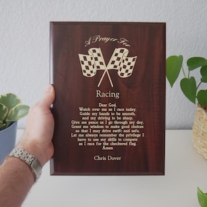 Car Racing Prayer Plaque | Personalized Drag, Rally or Track Racer Gift | Hot Rod Race Car Driver Present with Checkered Flag