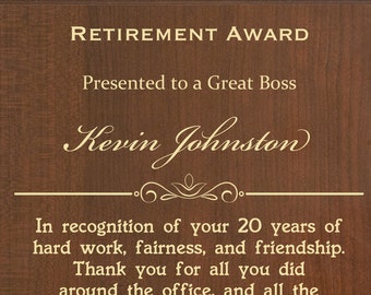 Boss Retirement Award | Plaque for Boss' Retiring Party | Personalized Wood Gift Retirement Keepsake