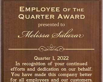 Employee of the Quarter Award Plaque | End of Quarter Recognition Award at Work | Quarterly Personalized and Custom with Logo