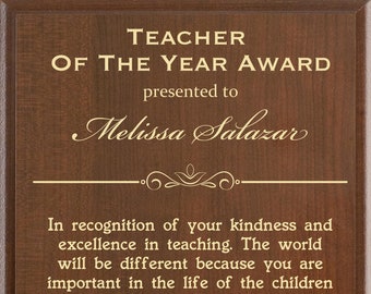 Teacher of the Year Gift Plaque | End of School Year Recognition Award from School District | Personalized Thank You Present for a Teacher