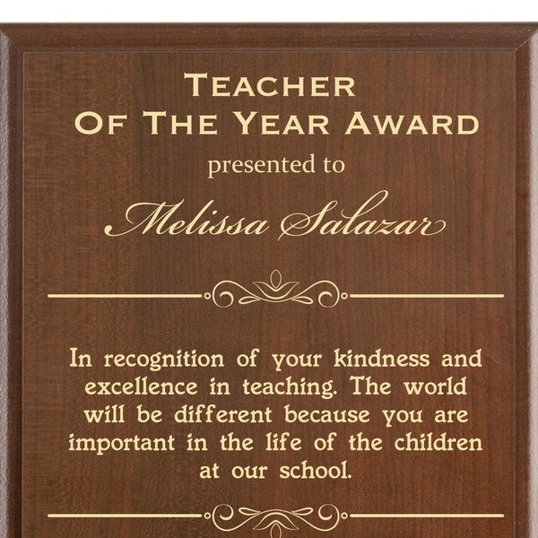 Teacher of the Year Gift Plaque | End of School Year Recognition Award from School District | Personalized Thank You Present for a Teacher