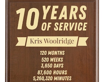 10 Year Work Anniversary Gift  Award | Ten Years of Service Employee Recognition & Appreciation Plaque | Personalized Gift [Modern]