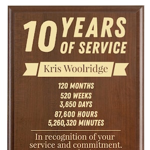 10 Year Work Anniversary Gift  Award | Ten Years of Service Employee Recognition & Appreciation Plaque | Personalized Gift [Modern]