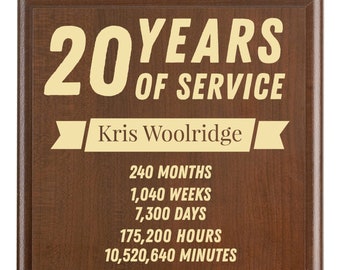 20 Year Work Anniversary Gift Award | Twenty Years of Service Employee Recognition Appreciation Plaque | Personalized Gift [Modern]