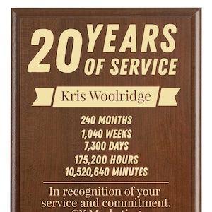 20 Year Work Anniversary Gift Award | Twenty Years of Service Employee Recognition Appreciation Plaque | Personalized Gift [Modern]
