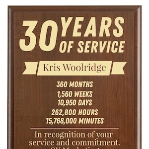 30 Year Work Anniversary Gift Award | Thirty Years of Service Employee Recognition Appreciation Plaque | Personalized Gift [Modern]