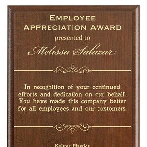 Employee Appreciation Award | Worker Recognition Gift Plaque | Personalized for Corporate Gifts & Employee of the Year
