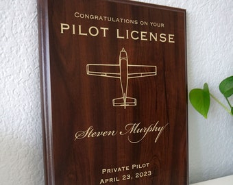 New Pilot License Award | Personalized Private Pilot's Certificate Gift Plaque | Custom Flight School Graduation Present