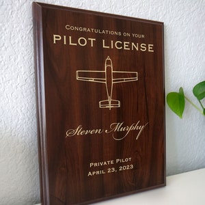 New Pilot License Award | Personalized Private Pilot's Certificate Gift Plaque | Custom Flight School Graduation Present