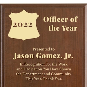 Officer of the Year Award Plaque | Police Department Recognition Gift | Personalized Year End Ceremony Present