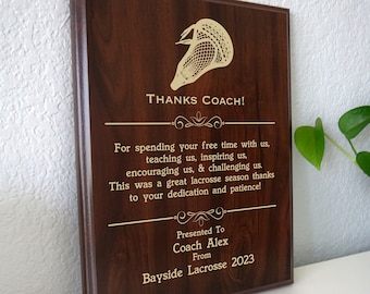 Lacrosse Coach Thank You Gift | End of Season Award Plaque from the Lax Team | Personalized Thanks for Youth or Box Lacrosse League Coaches