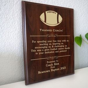 Football Coach Thank You Gift | End of Season Award Plaque from the Team | Personalized Thanks for Youth, Flag, or Football League Coaches