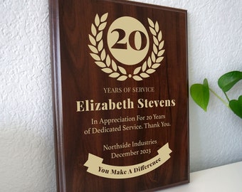 20 Year Work Anniversary Gift Award | Twenty Years of Service Employee Recognition Appreciation Plaque | Personalized Workiversary [Classic]