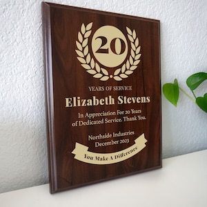20 Year Work Anniversary Gift Award | Twenty Years of Service Employee Recognition Appreciation Plaque | Personalized Workiversary [Classic]