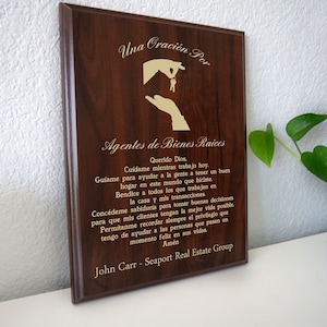 Placa de Oración Para Agente de Bienes Raíces | Regalo Personalizado | Apreciación, Gracias, y Reconocimiento
