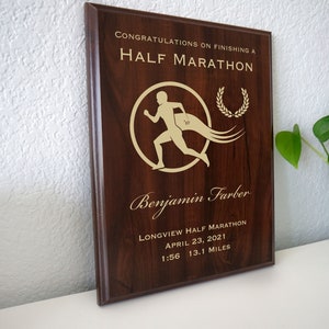 Half Marathon Finisher Award Running Gift for a First 13.1 Mile or 21K Run Personalized Completion Commemorative Plaque image 1