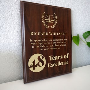 Lawyer Retirement Gift | Retiring Attorney Plaque Award | Personalized for a Retired Lawyer, Judge or any Legal System Worker