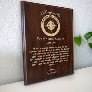 Search and Rescue Prayer Plaque | Personalized SAR Gift | Prayer for Mountain, Desert, K9, Diving, Swimming Rescue Groups - Thin Orange Line