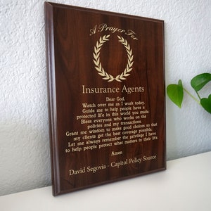 Insurance Agent Prayer Plaque | Personalized Insurance Agent&#39;s Gift | A Prayer for Insurance Agents & Brokers