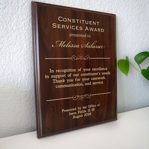 Prix des services aux électeurs | Plaque de reconnaissance pour services rendus par un élu | Cadeau de remerciement personnalisé pour un membre du Congrès