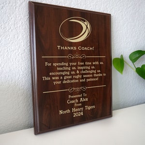 Rugby Coach Thank You Gift | End of Season Award Plaque from the Rugby Team | Personalized Thanks for Youth or School Rugby Players