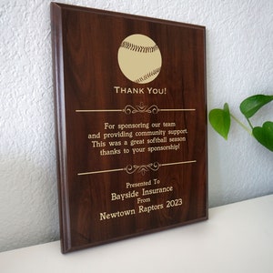 Softball Sponsor Thank You Gift | Sponsorship Award Plaque from the Team | Personalized Thanks for Youth, Little Business Community Support
