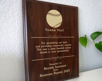 Baseball Sponsor Thank You Gift | Sponsorship Award Plaque from the Team | Personalized Thanks for Youth, Little Business Community Support