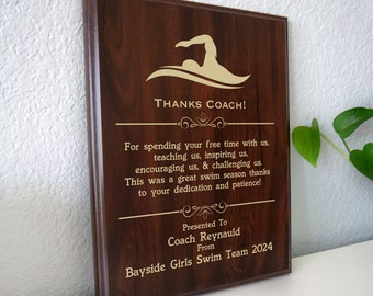 Swim Coach Thank You Gift | End of Season Award Plaque from the Swimming Team | Personalized Thanks for Youth or School Swimmers