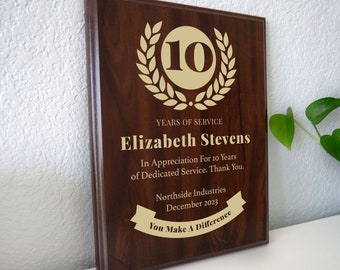 10 Year Work Anniversary Gift  Award | Ten Years of Service Employee Recognition Appreciation Plaque | Personalized Workiversary [Classic]