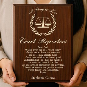 May include: A wooden plaque with the text "A Prayer For Court Reporters" and a scales of justice emblem. The plaque is held by a person in a tan blazer in a courtroom setting.
