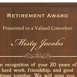 Coworker Retirement Award | Plaque for Coworker's Retiring Party | Personalized Wood Gift Retirement Keepsake for Last Day at Work