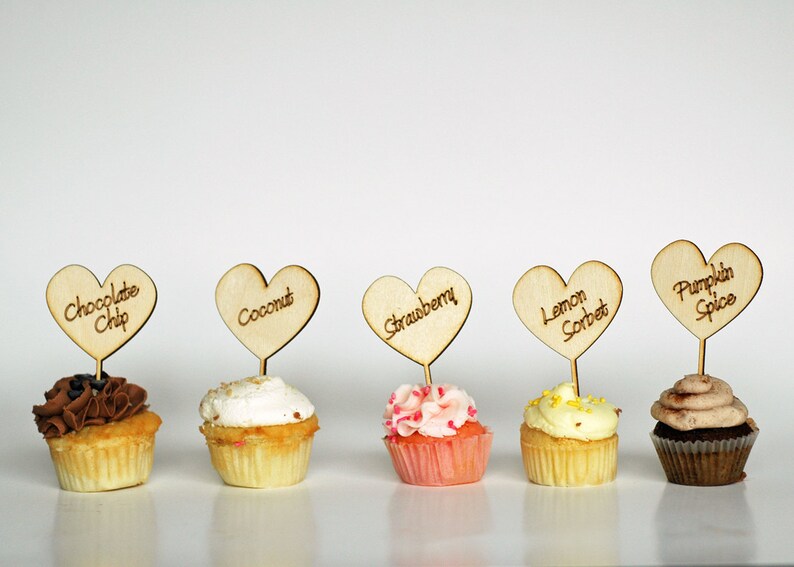 Wedding Cupcake Toppers Heart Shape Custom Engraved Wood Etsy