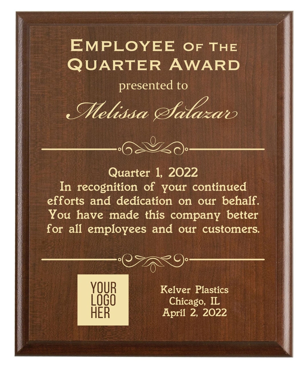 Employee of the Quarter Award Plaque End of Quarter Recognition Award