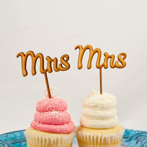 Mrs & Mrs Wedding Cupcake Toppers CUTOUT Same Sex Wedding Cupcake Cake Toppers LGBT Rustic Wood or Acrylic image 3