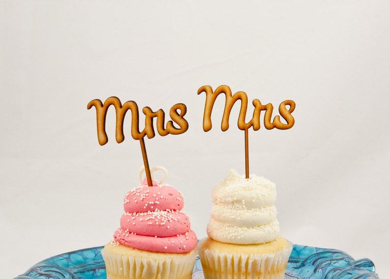 Mrs & Mrs Wedding Cupcake Toppers CUTOUT Same Sex Wedding Cupcake Cake Toppers LGBT Rustic Wood or Acrylic image 3