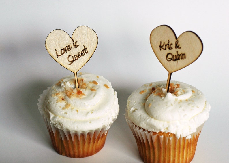 Wedding Cupcake Toppers Heart Shape Custom Engraved Wood Etsy