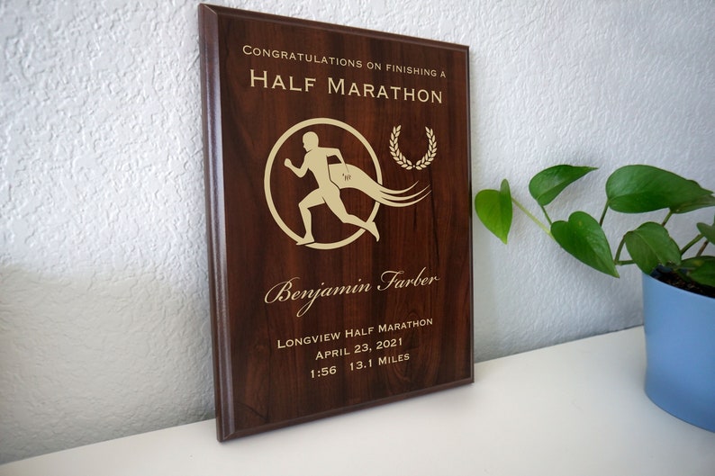Half Marathon Finisher Award Running Gift for a First 13.1 Mile or 21K Run Personalized Completion Commemorative Plaque image 1
