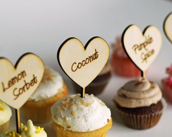 Cupcake Labels - Heart Shape Custom Engraved Wood cupcake toppers great for bake sales