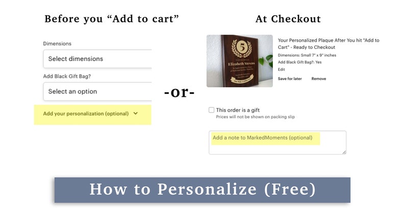 May include: A screenshot of a website showing a personalised plaque with the text "Your Personalised Plaque After You hit "Add to Cart" - Ready to Checkout". The plaque is made of wood and has a gold finish. The text on the plaque is "Elizabeth Stevens" and the number "5". The website also shows options for adding a gift bag and a note to the recipient. The text "How to Personalize (Free)" is displayed on a blue button.
