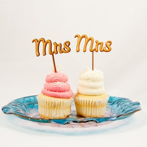 Mrs & Mrs Wedding Cupcake Toppers CUTOUT Same Sex Wedding Cupcake Cake Toppers LGBT Rustic Wood or Acrylic image 1