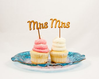 Mrs & Mrs Wedding Cupcake Toppers - CUTOUT - Same Sex Wedding Cupcake Cake Toppers LGBT - Rustic Wood or Acrylic