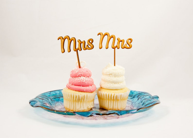 Mrs & Mrs Wedding Cupcake Toppers CUTOUT Same Sex Wedding Cupcake Cake Toppers LGBT Rustic Wood or Acrylic image 1