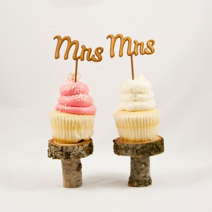 Mrs & Mrs Wedding Cupcake Toppers CUTOUT Same Sex Wedding Cupcake Cake Toppers LGBT Rustic Wood or Acrylic image 2